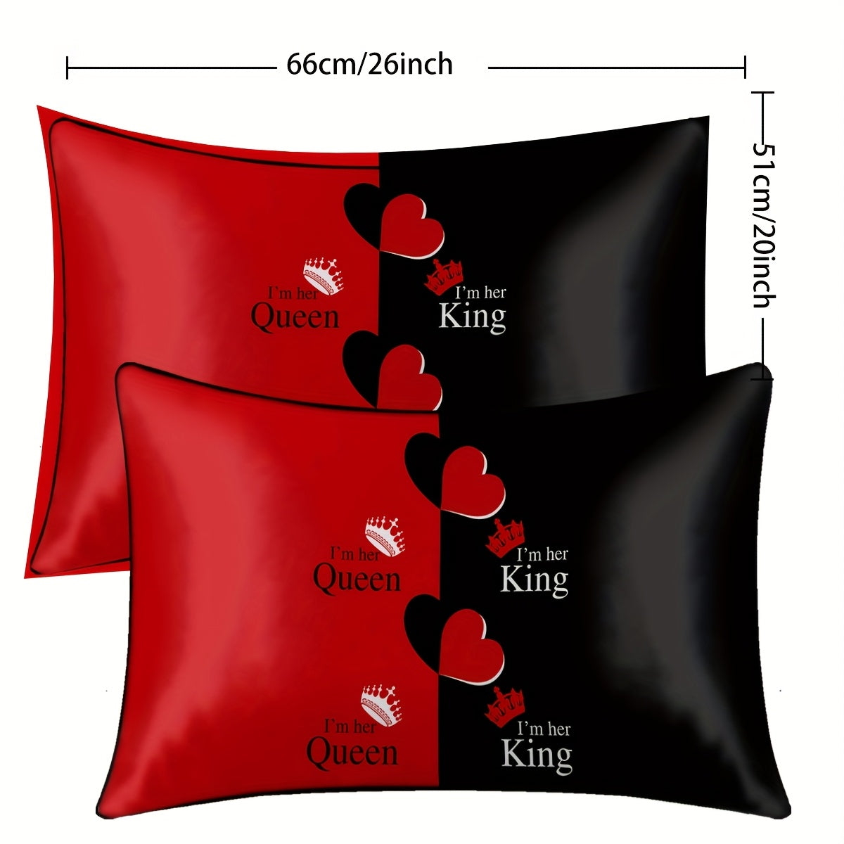 2pcs Black & Red Satin Pillowcases with Crown & Heart Print, "I'm Her Queen/King" Text - 100% Polyester Envelope Closure Bedroom Decor, Machine Washable All-Season Luxury Pillow Covers, Stylish Bedding Accent, Regal Design, Satin Finish, Smooth Texture,