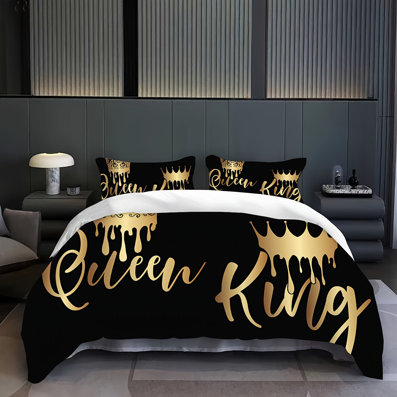 2/3pcs King Queen Letter Print Bedding Quilt Cover, Couple Bedding, Soft and Comfortable Bedding, with 1/2 Matching Pillowcases - Without Filling, Suitable for Bedroom, Guest Room, 1 Quilt Cover + 2 Pillowcases, No Core