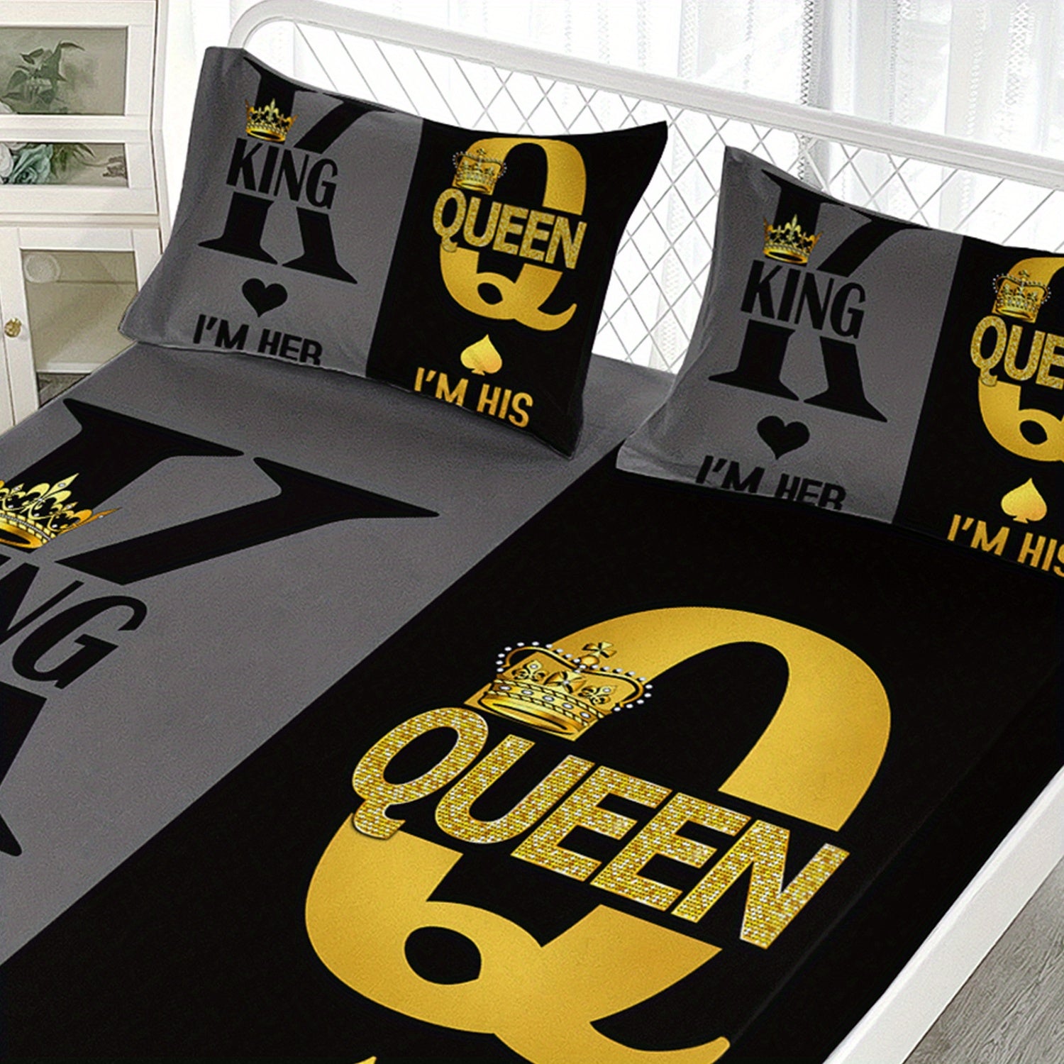 3pcs King Queen Couple Printed Bed Fitted Sheet Set for BedroomDormitory and Guest Room DecorationKing and Queen Pattern Bedding Set1 Fitted Sheet+2 Pillowcases without core