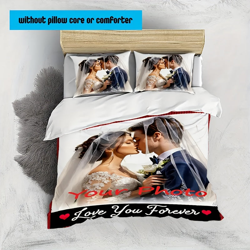 3pcs Customizable Photo Any Picture Can Be Customized Bedding Set, Soft and Comfortable, Spiritual Home Decoration, Holiday Decoration, Tear-Resistant Polyester, Including 1 Quilt Cover and 2 Pillowcases, Machine Washable, Four Seasons Quilt Set Does Not