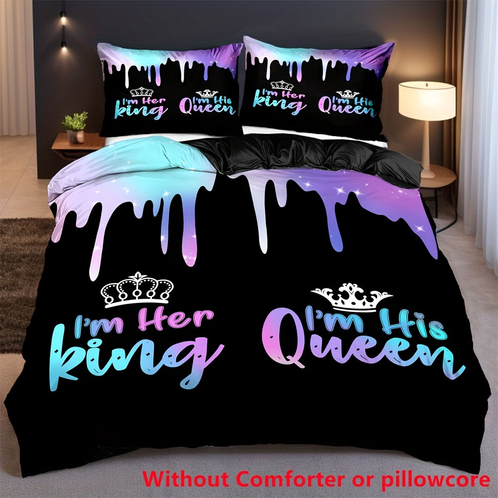 2/3pcs Crown King & Queen Letter Print Duvet Cover Set (1 Duvet Cover + 1/2 Pillowcase, Without Core), Soft Comfortable Couple Bedding Set for All Season, for Bedroom, Dorm, Guest Room Home Decor