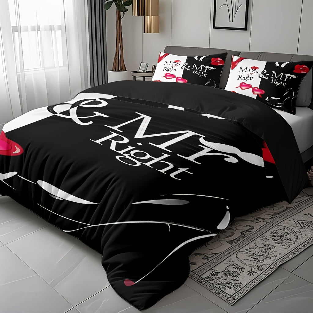 3pcs Comfortable Romantic Couple Themed Duvet Cover Set, Soft High-Definition Digital Print with Black And White Contrast, All-Season, Perfect Gift for Family And Friends, Machine Washable (1 Duvet Cover + 2 Pillowcases, No Filling)