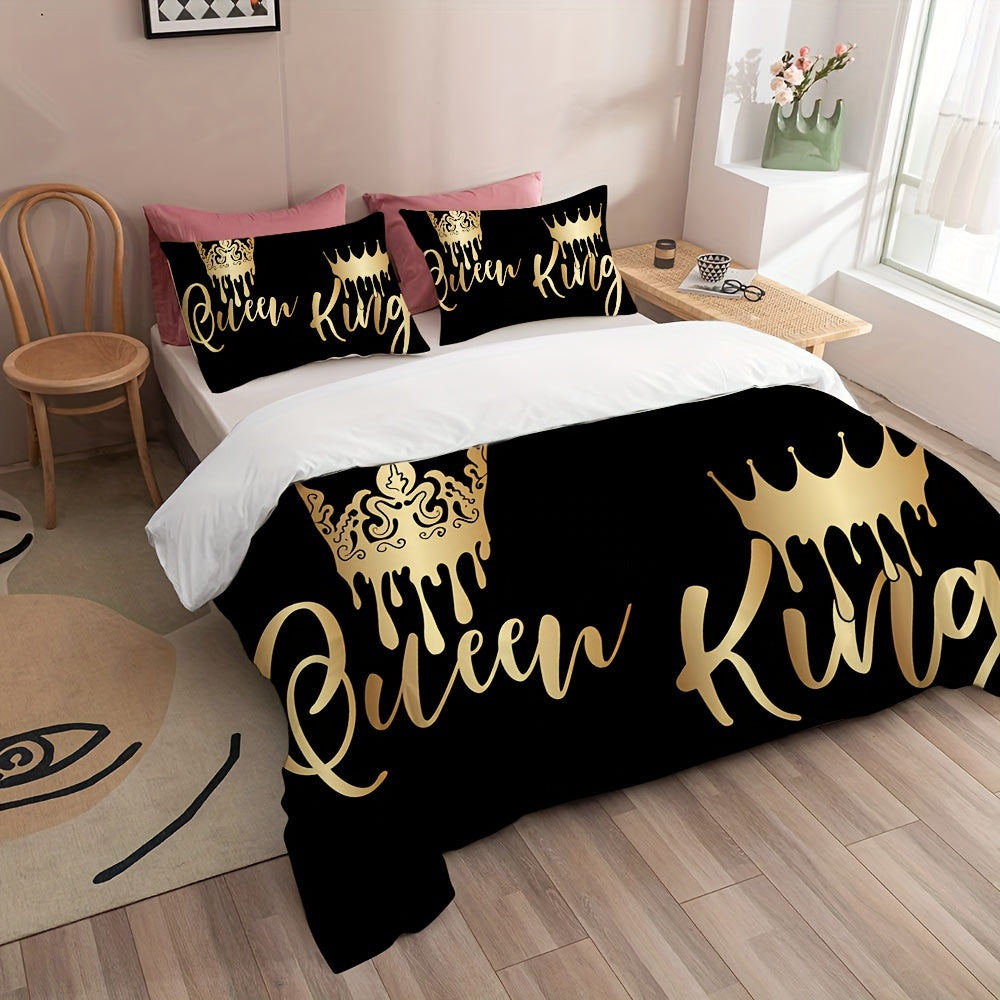 2/3pcs King Queen Letter Print Bedding Quilt Cover, Couple Bedding, Soft and Comfortable Bedding, with 1/2 Matching Pillowcases - Without Filling, Suitable for Bedroom, Guest Room, 1 Quilt Cover + 2 Pillowcases, No Core