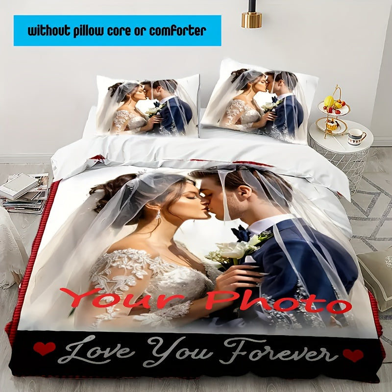3pcs Customizable Photo Any Picture Can Be Customized Bedding Set, Soft and Comfortable, Spiritual Home Decoration, Holiday Decoration, Tear-Resistant Polyester, Including 1 Quilt Cover and 2 Pillowcases, Machine Washable, Four Seasons Quilt Set Does Not