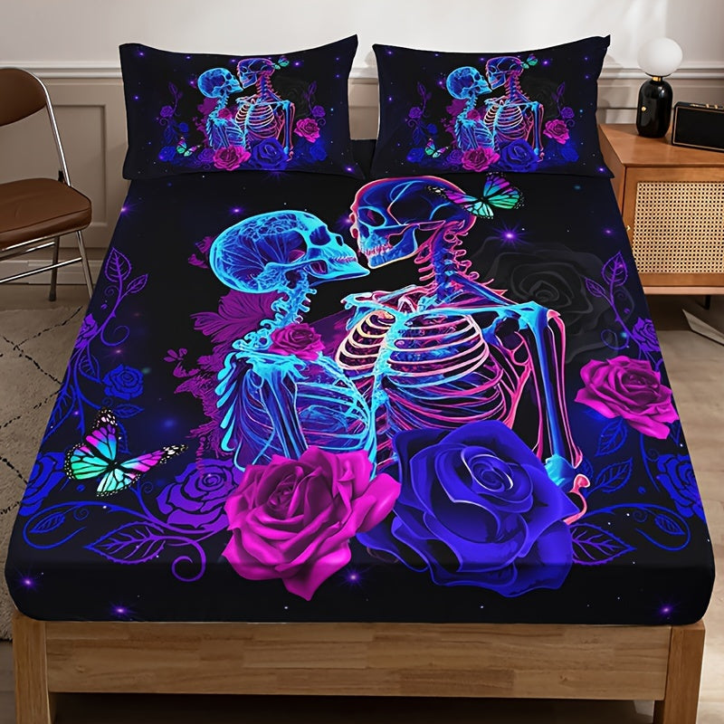 3pcs Fashion Romantic Fitted Sheet Set, Soft Comfortable Breathable Color Floral Skull Couple Print Bedding Mattress Protector Set, For Bedroom, Guest Room (1* Fitted Sheet + 2*Pillowcases, Without Core) For Halloween