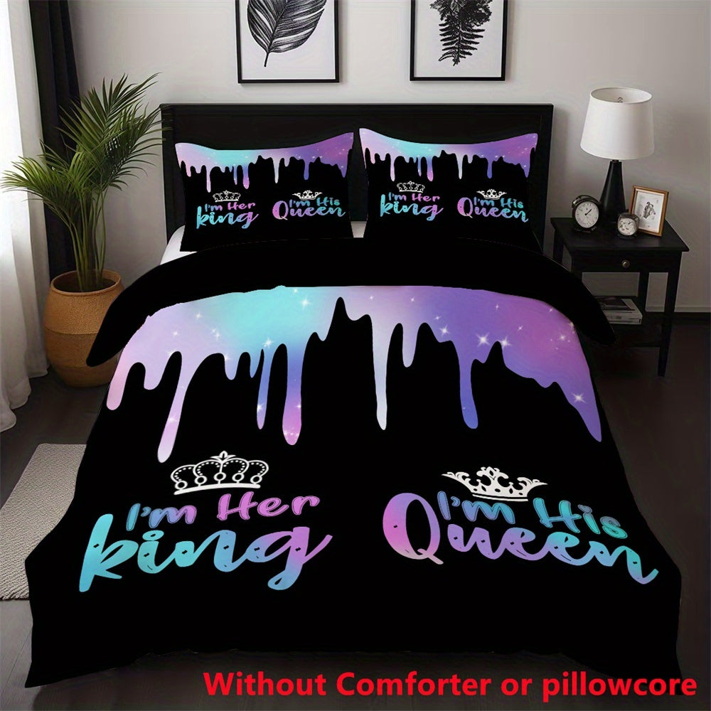 2/3pcs Crown King & Queen Letter Print Duvet Cover Set (1 Duvet Cover + 1/2 Pillowcase, Without Core), Soft Comfortable Couple Bedding Set for All Season, for Bedroom, Dorm, Guest Room Home Decor