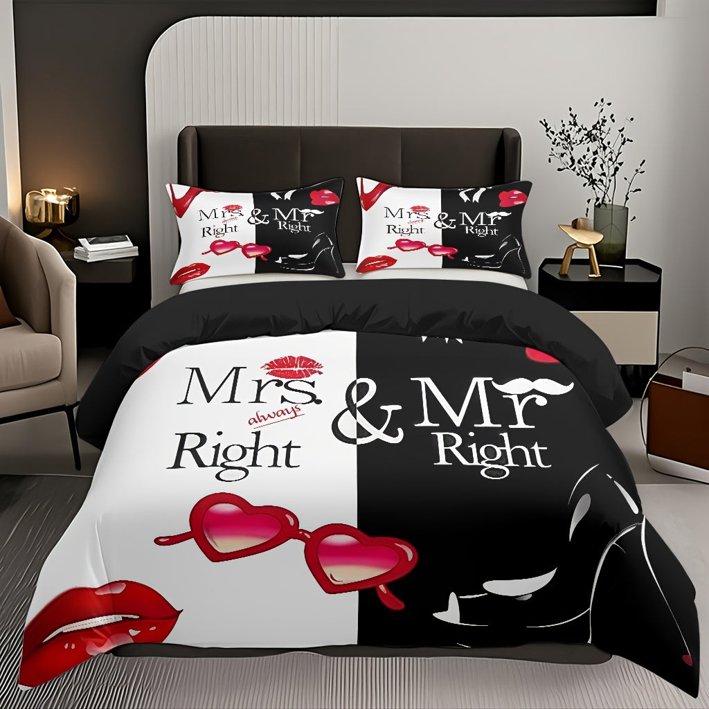 3pcs Comfortable Romantic Couple Themed Duvet Cover Set, Soft High-Definition Digital Print with Black And White Contrast, All-Season, Perfect Gift for Family And Friends, Machine Washable (1 Duvet Cover + 2 Pillowcases, No Filling)