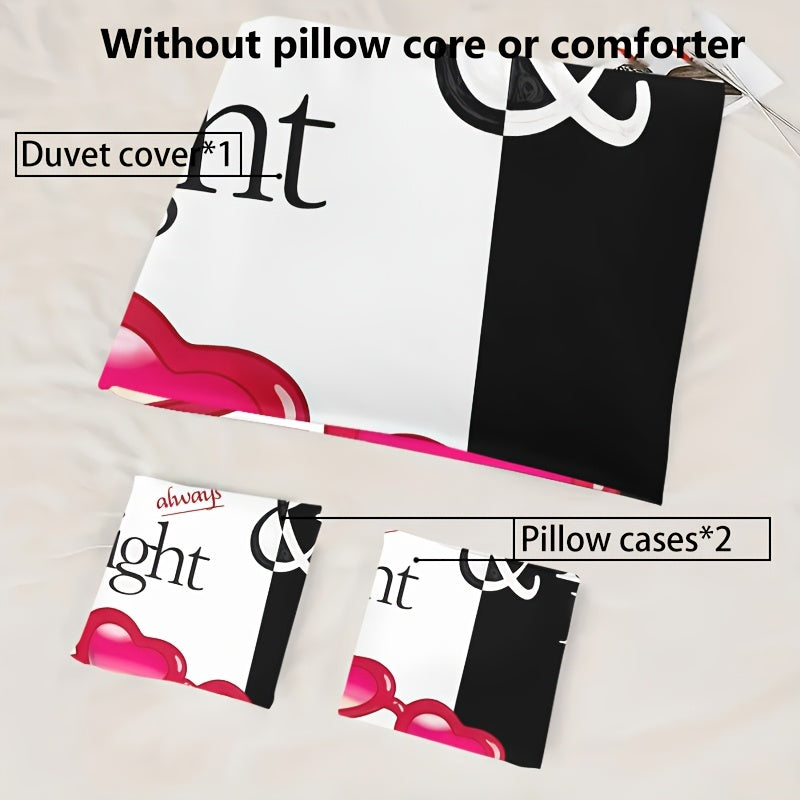 3pcs Comfortable Romantic Couple Themed Duvet Cover Set, Soft High-Definition Digital Print with Black And White Contrast, All-Season, Perfect Gift for Family And Friends, Machine Washable (1 Duvet Cover + 2 Pillowcases, No Filling)