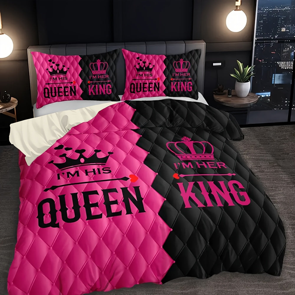3pcs Couple'S King and Queen Print Duvet Cover Set with 1 Duvet Cover + 2 Pillowcases Without Pillows, Four Seasons Home Dorm High-Definition Romantic Love Crown Design, Pink Black Contrast, Exuding Sweetness and Elegance